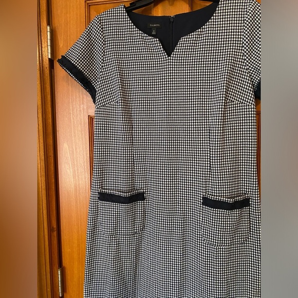 Talbots Dress Womens 12 Navy Blue Houndstooth Plaid Knit Shift Fringe Pockets - Picture 5 of 8